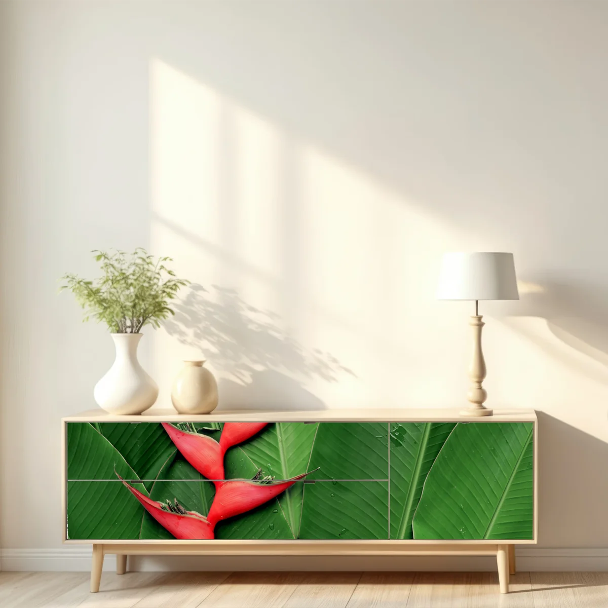 Repositionierbarer Aufkleber leuchtende heliconia auf tropischen blättern Repositionierbarer Aufkleber leuchtende heliconia auf tropischen blättern