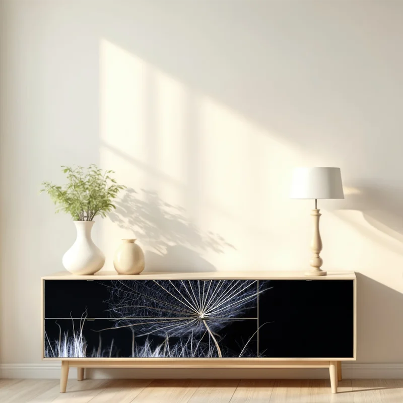 Repositionierbarer Aufkleber zarter löwenzahnsamen auf schwarzem hintergrund