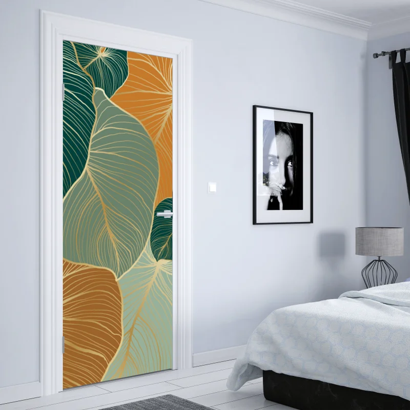 Türaufkleber türkis-goldenes botanisches blättermuster