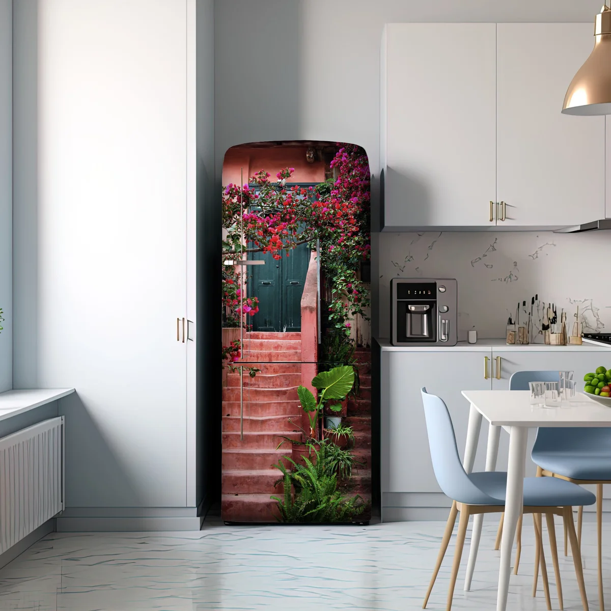 Kühlschrankaufkleber treppe mit bougainvillea und grünen pflanzen Kühlschrankaufkleber treppe mit bougainvillea und grünen pflanzen