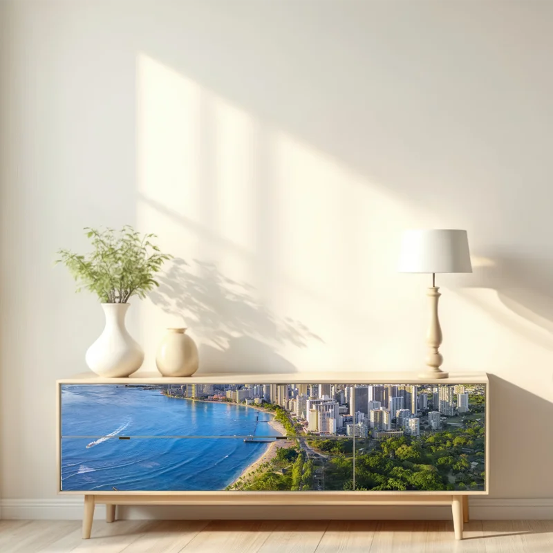 Repositionierbarer Aufkleber skyline einer küstenstadt bei sonnenuntergang Repositionierbarer Aufkleber skyline einer küstenstadt bei sonnenuntergang