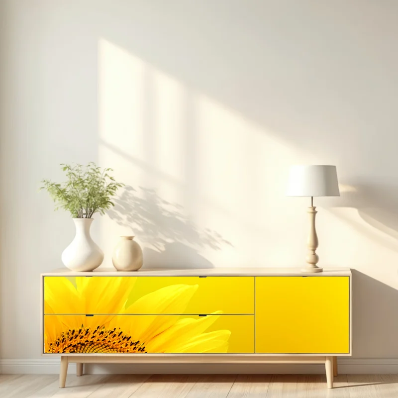 Repositionierbarer Aufkleber leuchtende sonnenblume nahaufnahme auf gelbem hintergrund