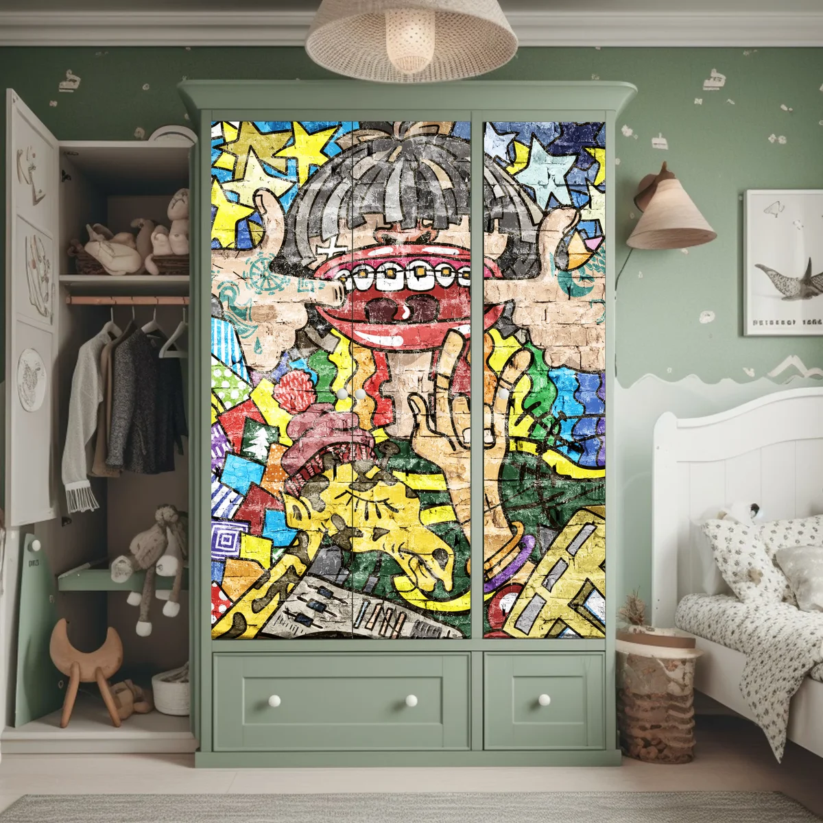 Schrankaufkleber buntes graffiti-mural mit verspielter figur Schrankaufkleber buntes graffiti-mural mit verspielter figur