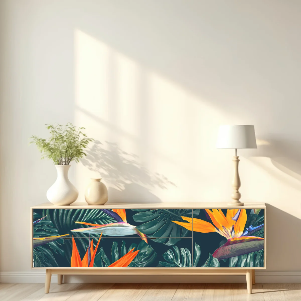 Repositionierbarer Aufkleber tropisches muster mit strelitzie Repositionierbarer Aufkleber tropisches muster mit strelitzie