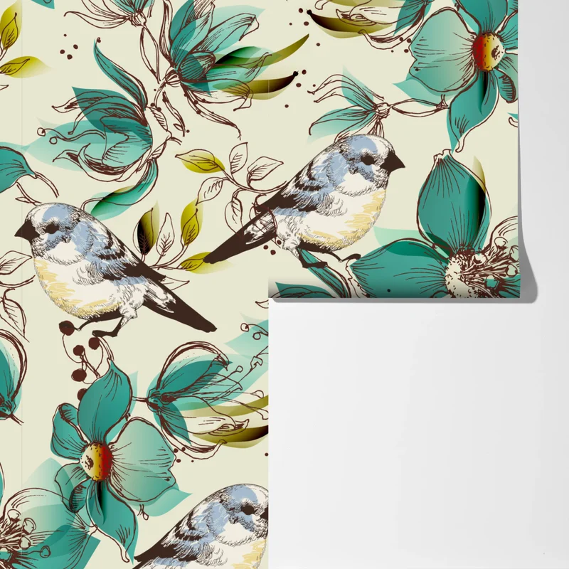 Fototapete retro türkis blumen- und vogelmuster Fototapete retro türkis blumen- und vogelmuster