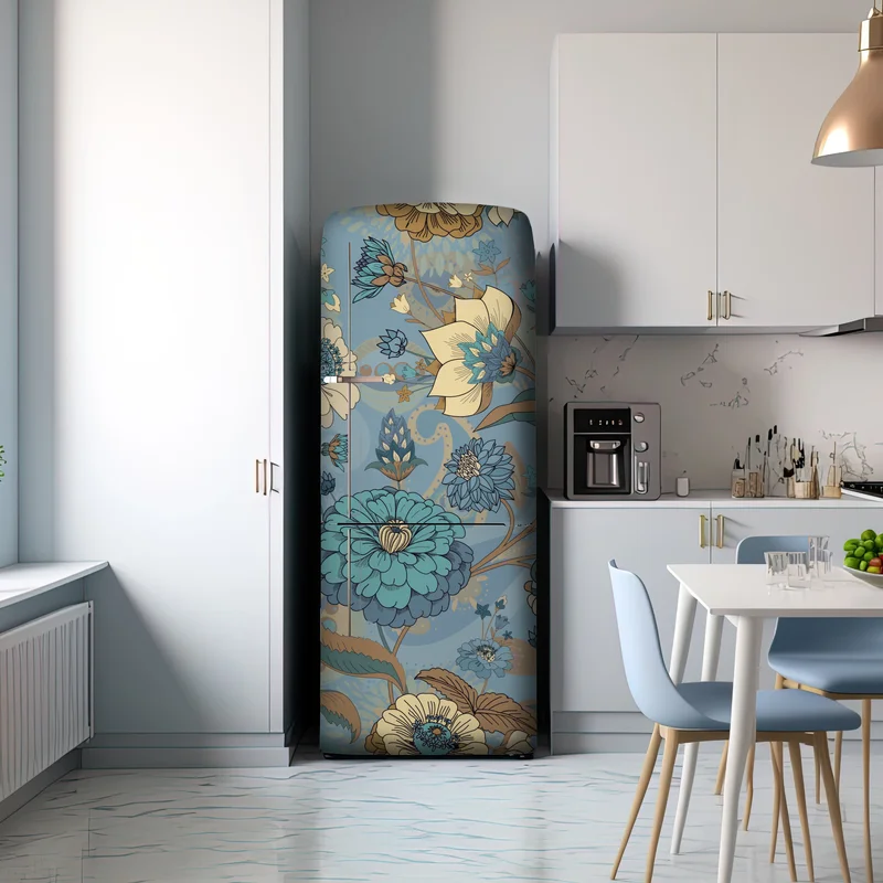 Kühlschrankaufkleber vintage-blumenmuster in gedämpften blau- und beigetönen Kühlschrankaufkleber vintage-blumenmuster in gedämpften blau- und beigetönen