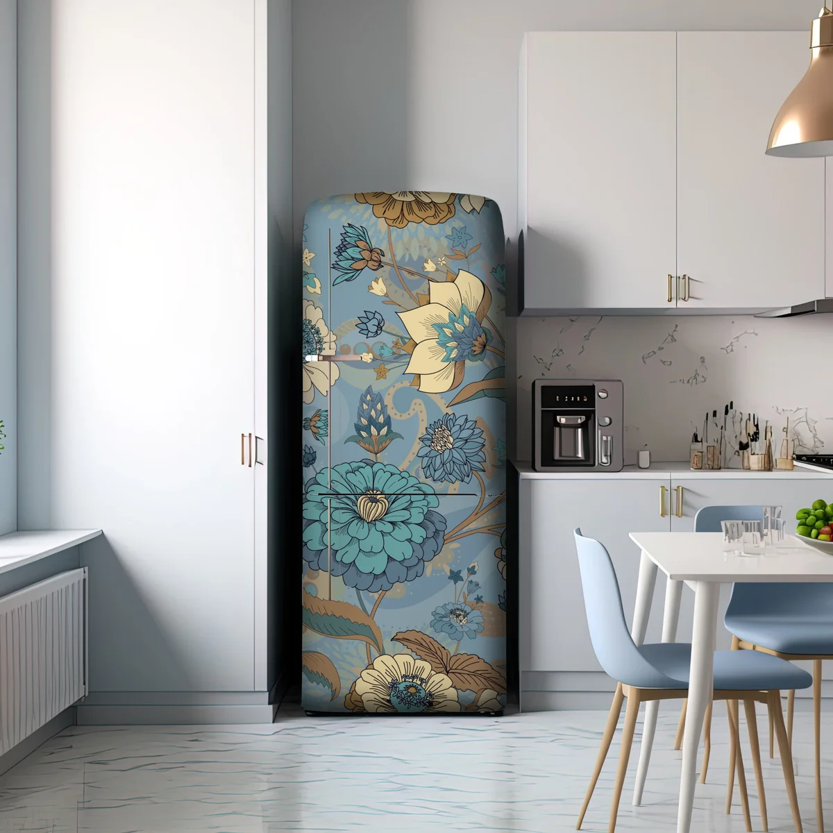 Kühlschrankaufkleber vintage-blumenmuster in gedämpften blau- und beigetönen Kühlschrankaufkleber vintage-blumenmuster in gedämpften blau- und beigetönen