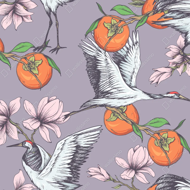 Fototapete anmutige kraniche und kakis mit magnolien Fototapete anmutige kraniche und kakis mit magnolien