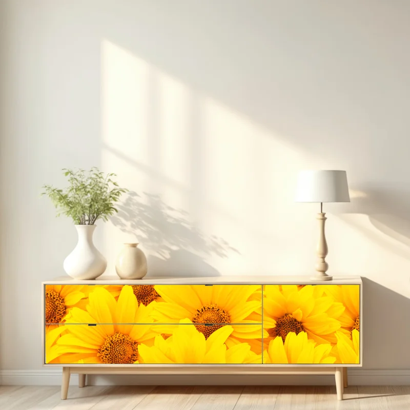 Repositionierbarer Aufkleber leuchtende gelbe sonnenblumen in nahaufnahme Repositionierbarer Aufkleber leuchtende gelbe sonnenblumen in nahaufnahme