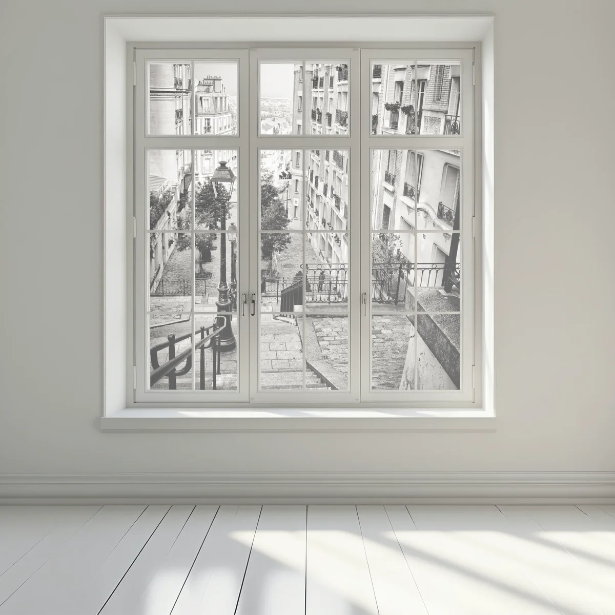 Fensteraufkleber städtische treppe in schwarzweiß Fensteraufkleber städtische treppe in schwarzweiß