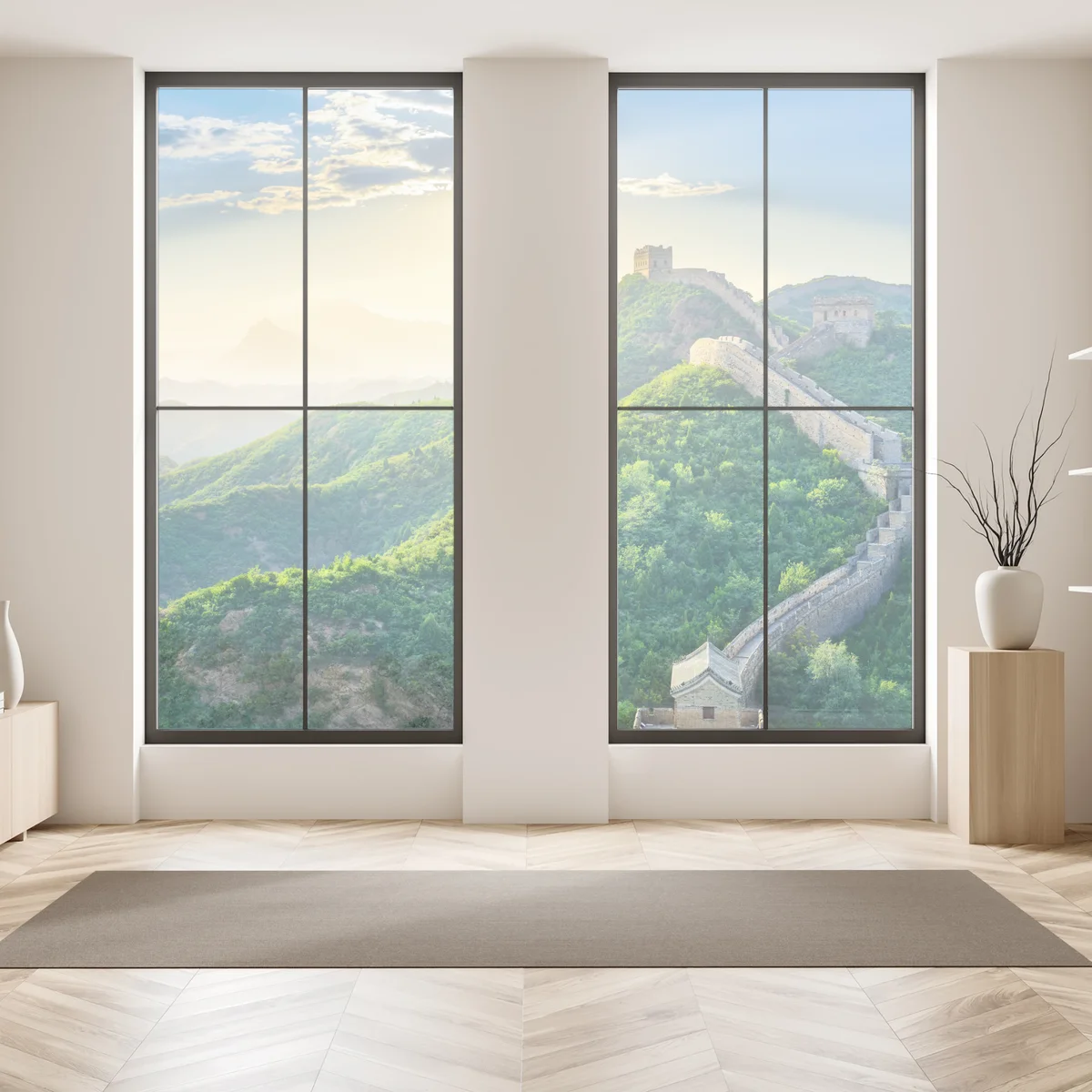 Fensteraufkleber Chinesische Mauer bei sonnenaufgang über grünen bergen Fensteraufkleber Chinesische Mauer bei sonnenaufgang über grünen bergen