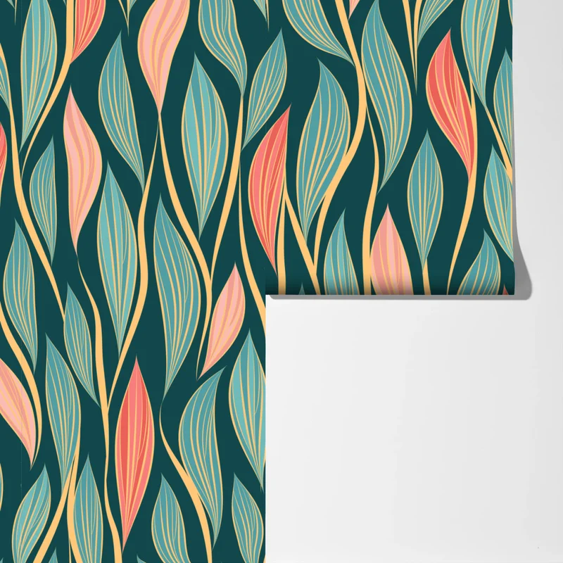 Fototapete botanisches blattmuster in türkis und koralle Fototapete botanisches blattmuster in türkis und koralle