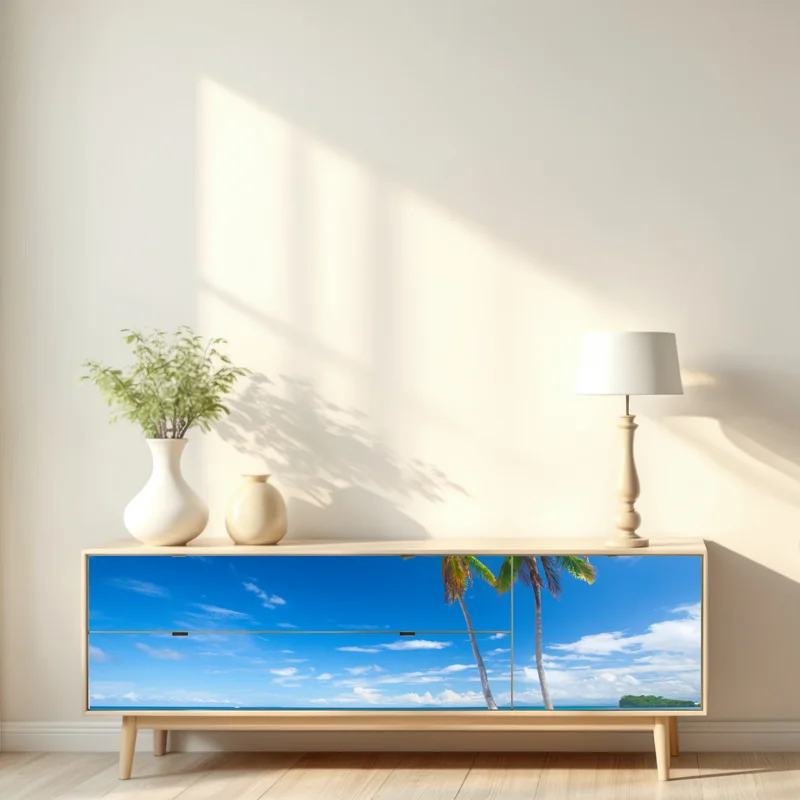 Repositionierbarer Aufkleber tropische palmen an einem türkisfarbenen strand