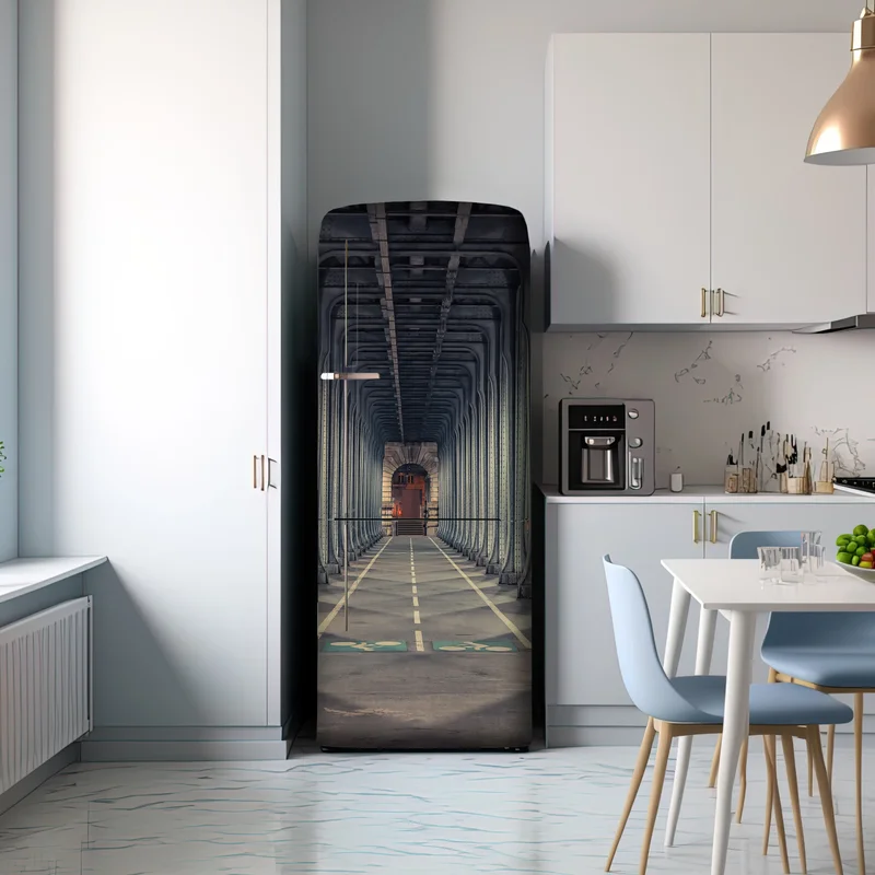 Kühlschrankaufkleber symmetrischer stahlkorridor einer brücke bei nacht