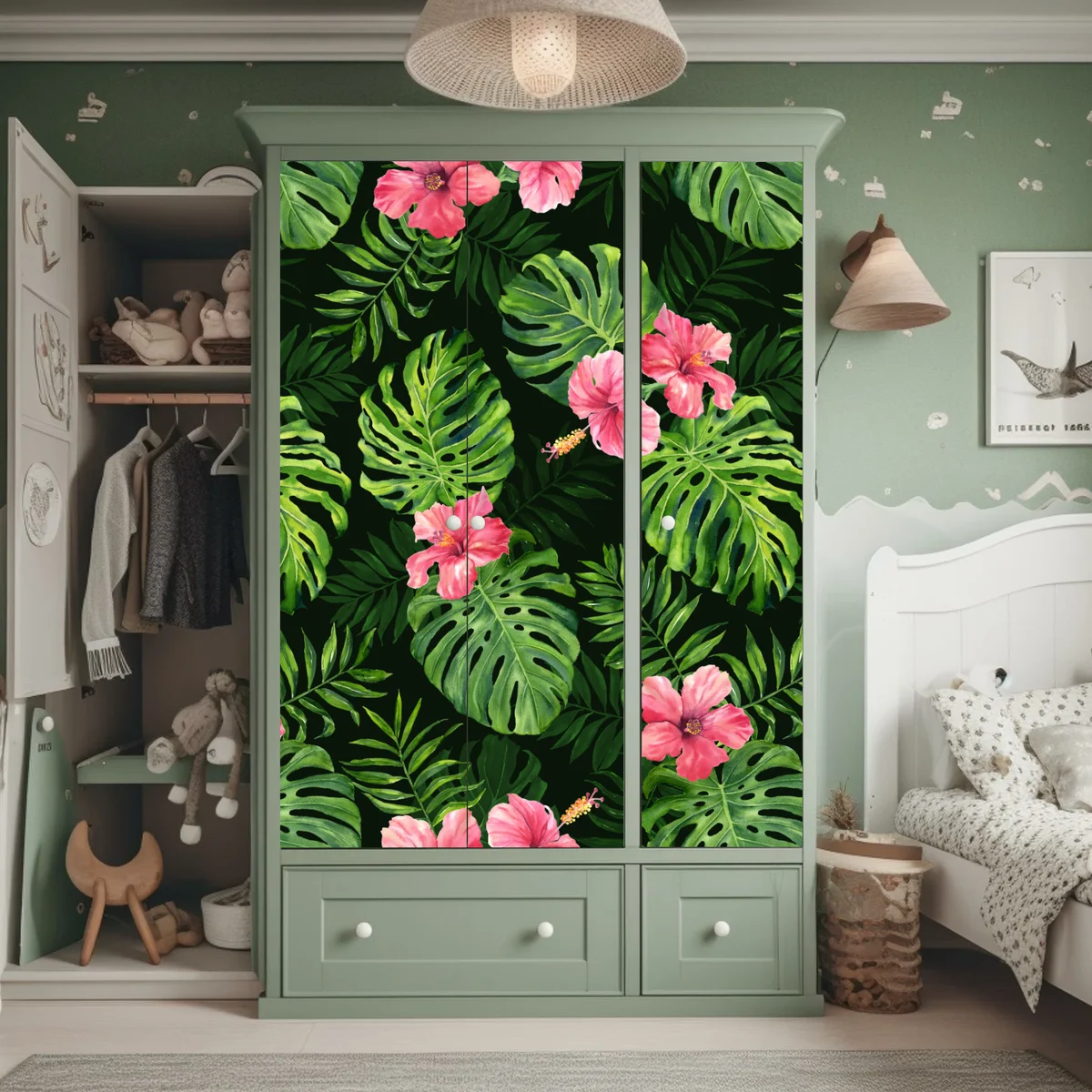 Schrankaufkleber tropisches monstera- und hibiskus-motiv Schrankaufkleber tropisches monstera- und hibiskus-motiv