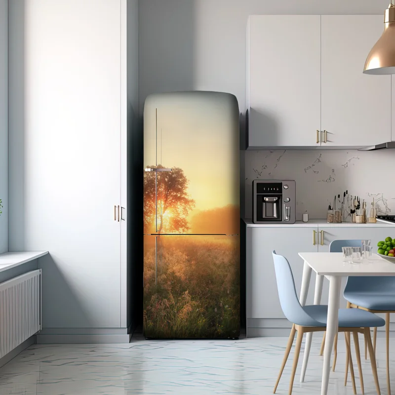 Kühlschrankaufkleber goldener sonnenaufgang über nebliger wiese Kühlschrankaufkleber goldener sonnenaufgang über nebliger wiese