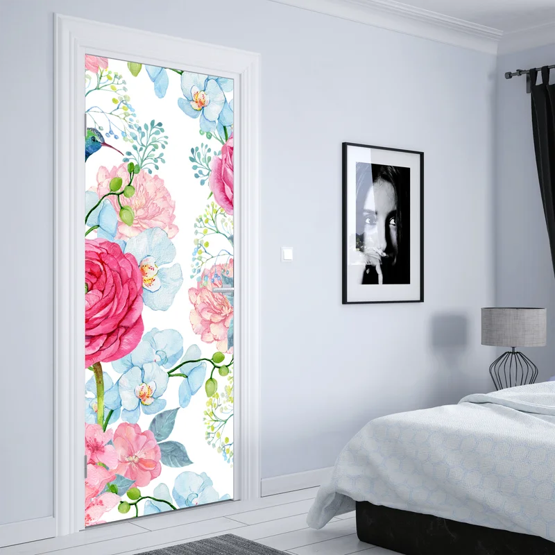 Türaufkleber rosa aquarell blumengarten mit kolibri