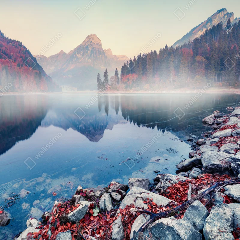 Naklejka na okno mglisty jesienny poranek nad Obersee, Alpy Szwajcarskie Naklejka na okno mglisty jesienny poranek nad Obersee, Alpy Szwajcarskie