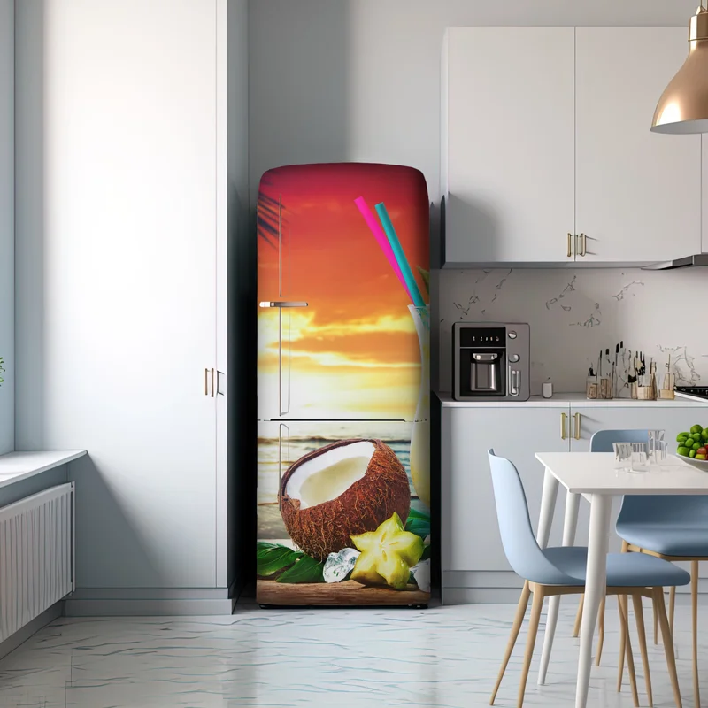 Kühlschrankaufkleber tropischer kokos-ananas-cocktail am strand bei sonnenuntergang Kühlschrankaufkleber tropischer kokos-ananas-cocktail am strand bei sonnenuntergang