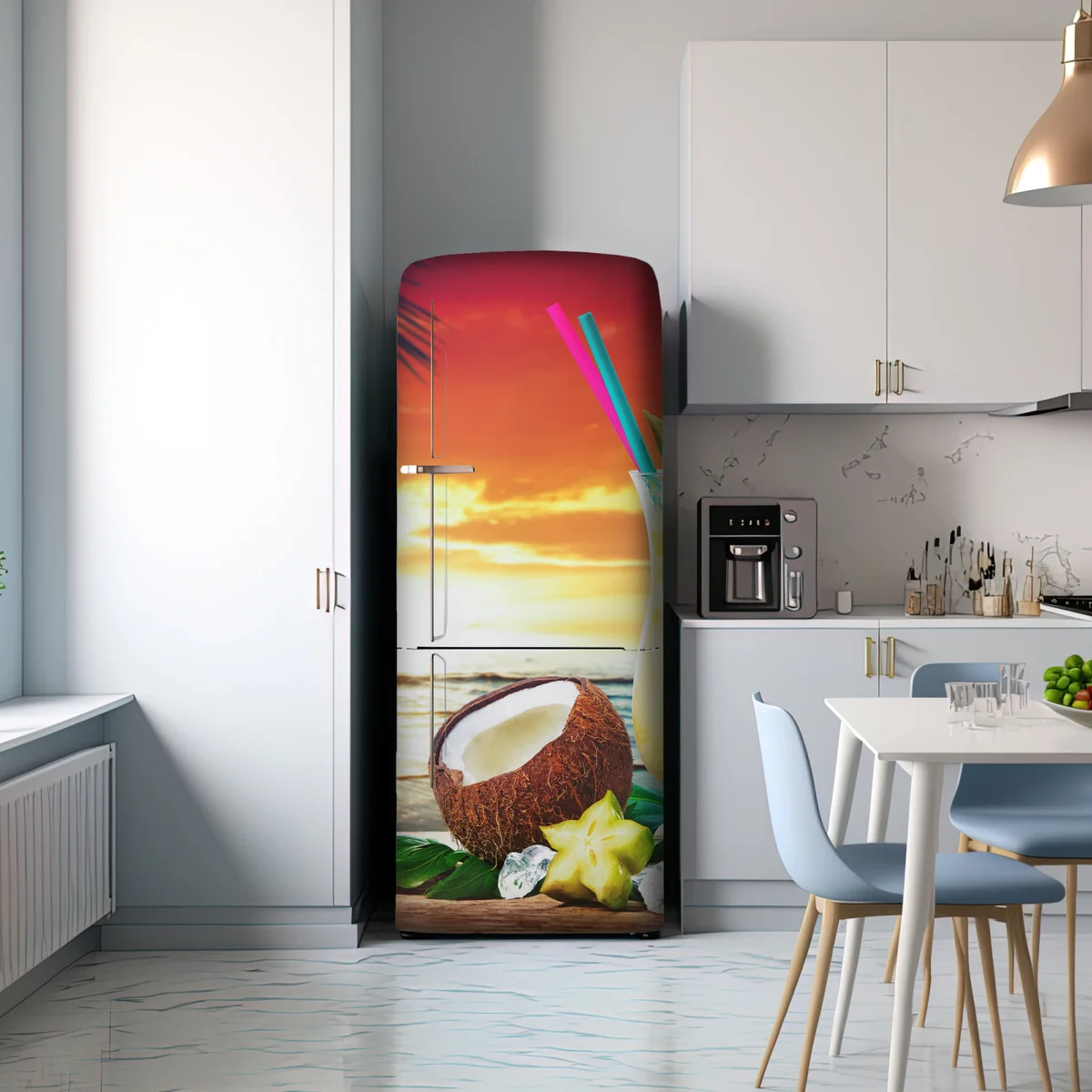 Kühlschrankaufkleber tropischer kokos-ananas-cocktail am strand bei sonnenuntergang Kühlschrankaufkleber tropischer kokos-ananas-cocktail am strand bei sonnenuntergang