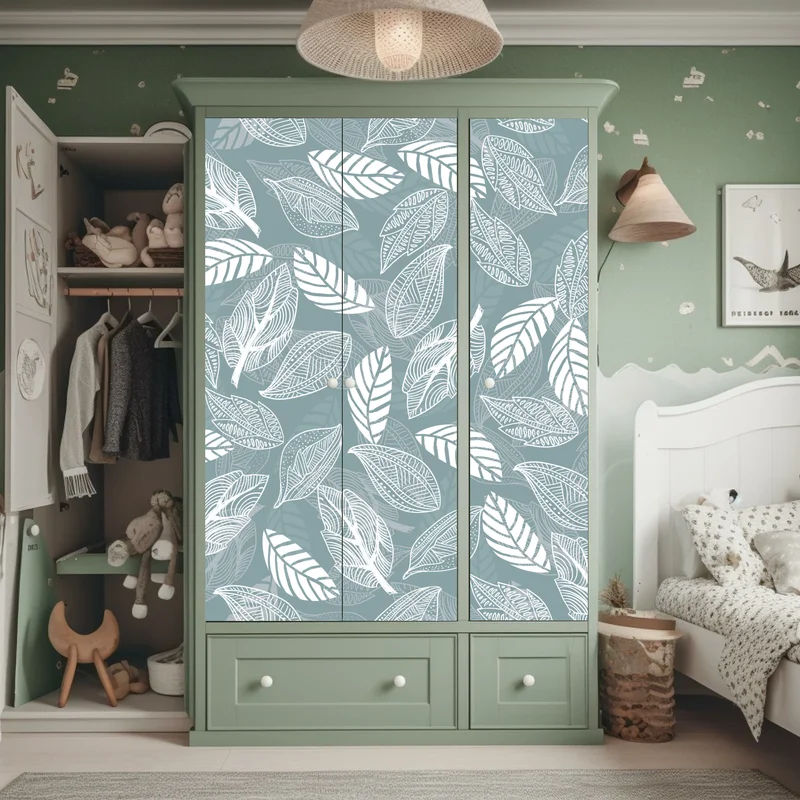 Schrankaufkleber handgezeichnetes blättermuster auf türkisfarbenem hintergrund Schrankaufkleber handgezeichnetes blättermuster auf türkisfarbenem hintergrund