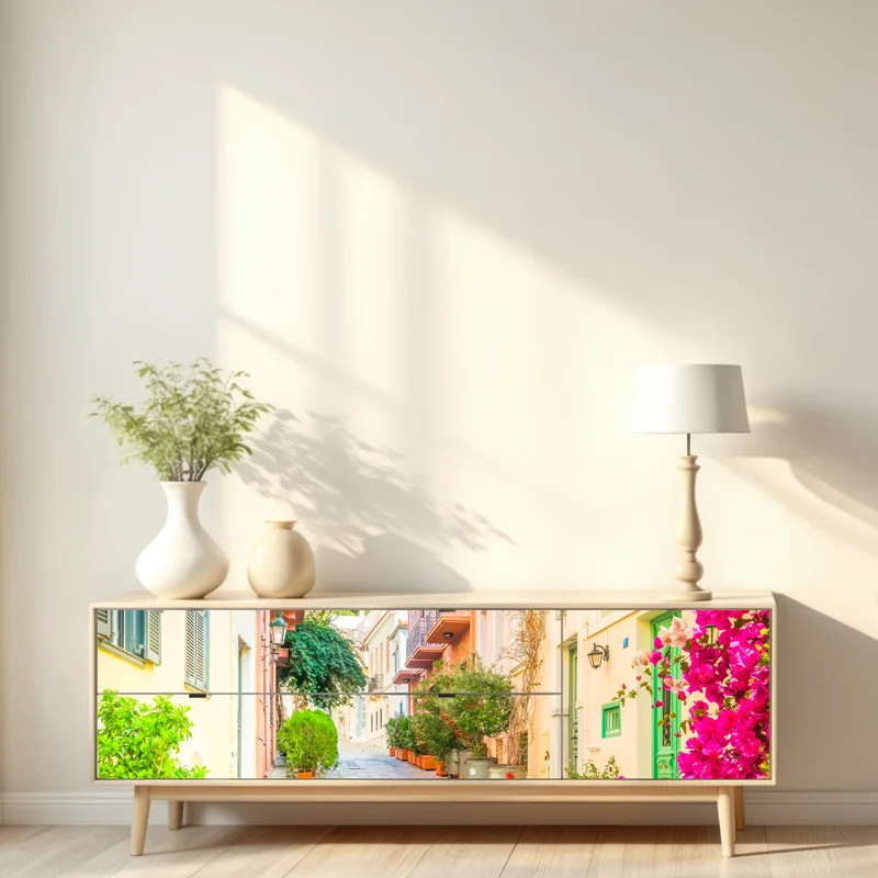 Repositionierbarer Aufkleber sonnige griechische gasse mit bougainvillea