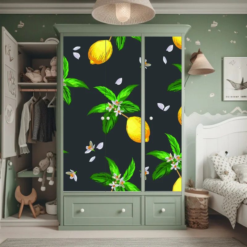 Schrankaufkleber leuchtendes zitronenmuster mit grünen blättern