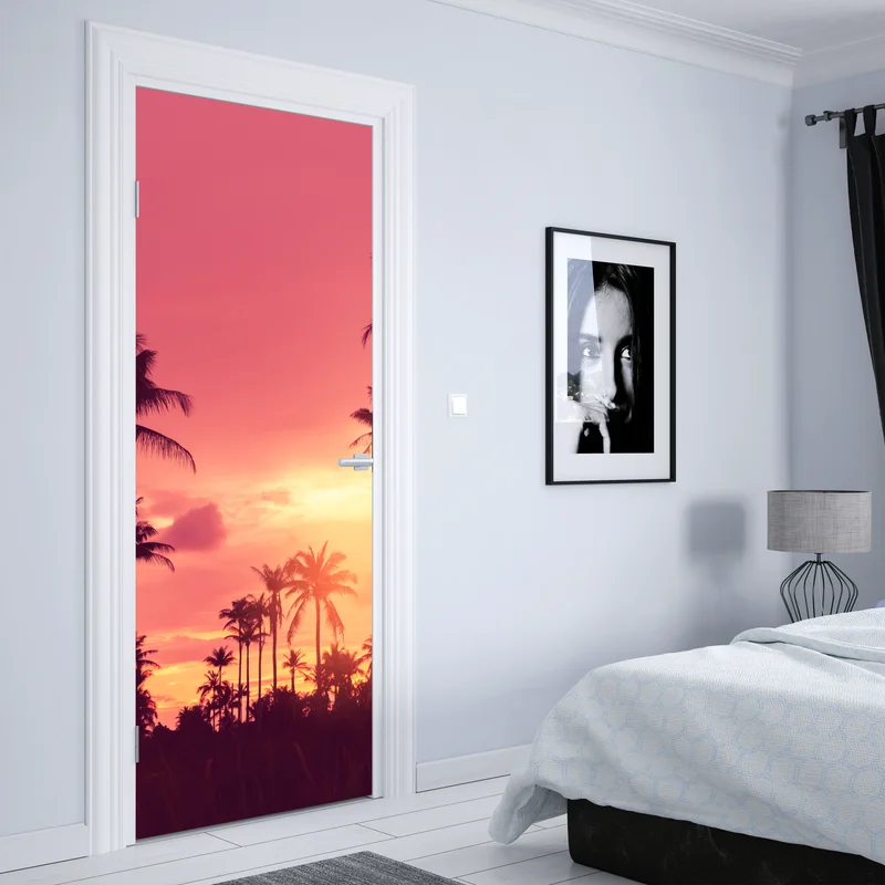 Türaufkleber rosa tropischer sonnenuntergang mit palmen Türaufkleber rosa tropischer sonnenuntergang mit palmen