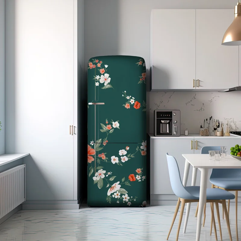 Kühlschrankaufkleber vintage korallenblumenmuster auf tiefgrünem hintergrund