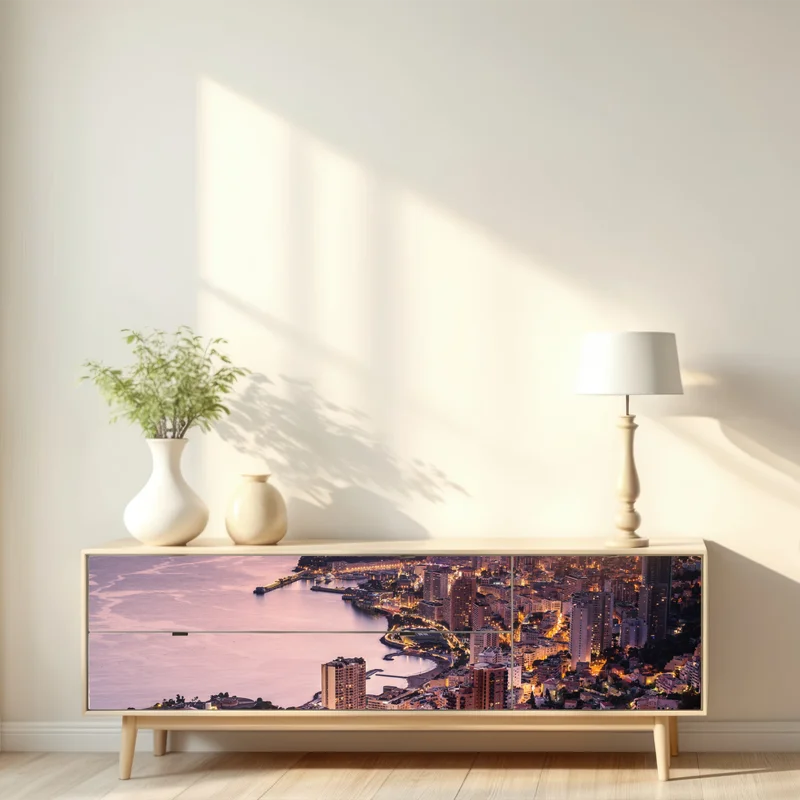 Repositionierbarer Aufkleber sonnenuntergang über der städtischen küstenlinie