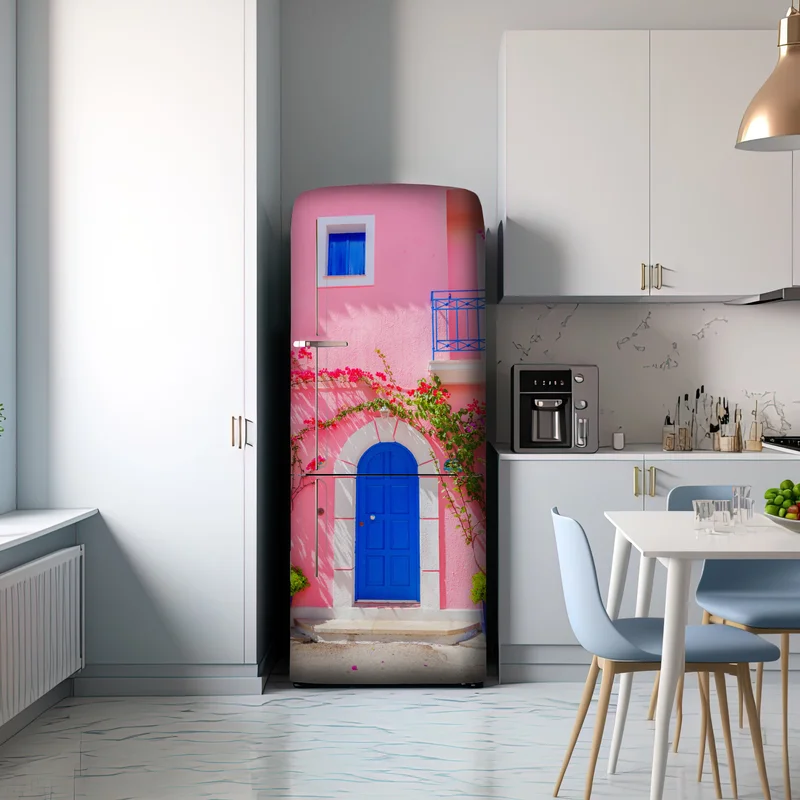 Kühlschrankaufkleber leuchtende rosa fassade mit blauer tür