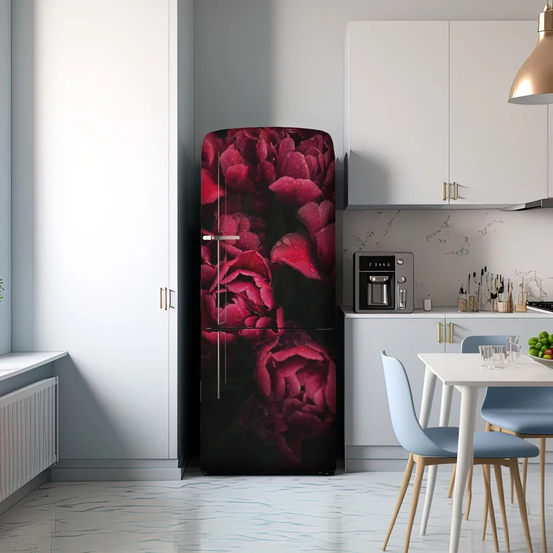 Kühlschrankaufkleber tiefrote blüten mit wassertropfen