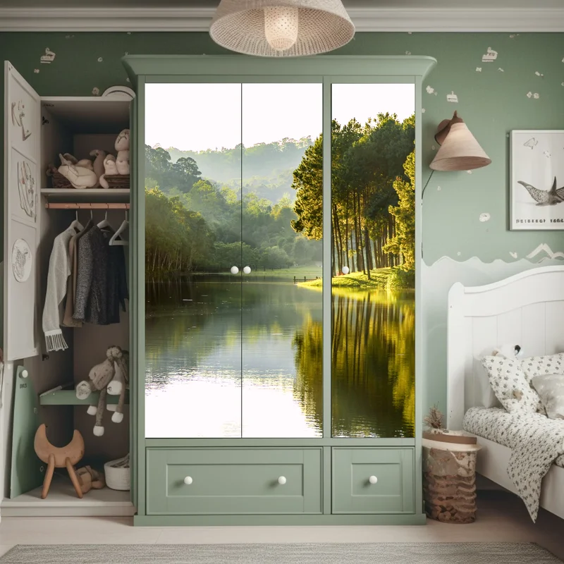 Schrankaufkleber ruhiger kiefernwald am stillen see