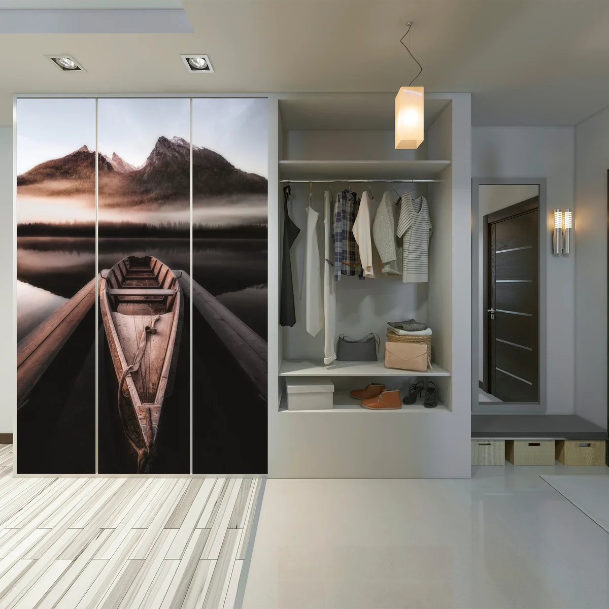 Schrankaufkleber nebliges boot am bergsee Schrankaufkleber nebliges boot am bergsee