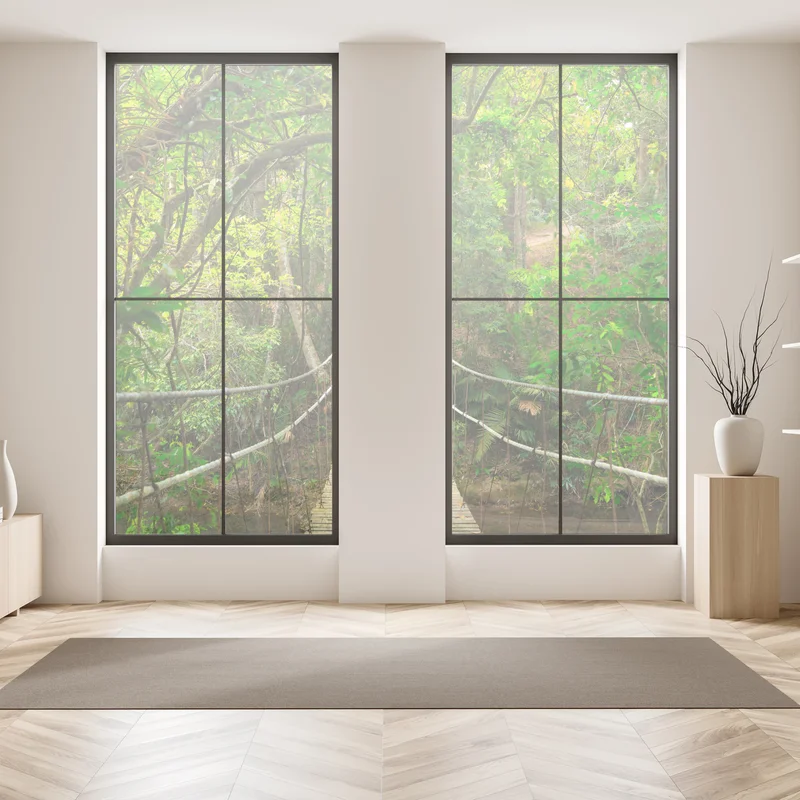 Fensteraufkleber hängende holzbrücke im grünen wald Fensteraufkleber hängende holzbrücke im grünen wald