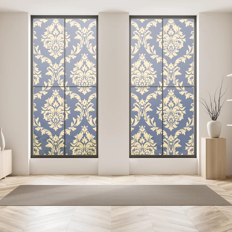 Fensteraufkleber elegantes goldenes damastmuster auf tiefblauem hintergrund Fensteraufkleber elegantes goldenes damastmuster auf tiefblauem hintergrund