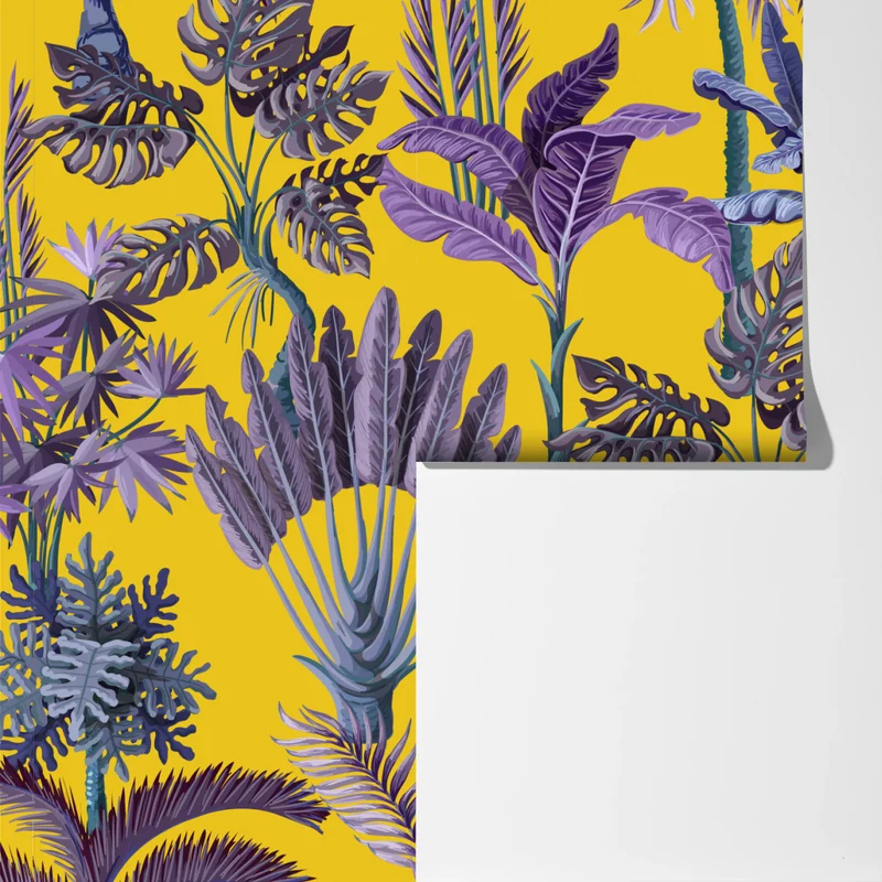 Fototapete tropische lila blätter auf gelbem hintergrund Fototapete tropische lila blätter auf gelbem hintergrund