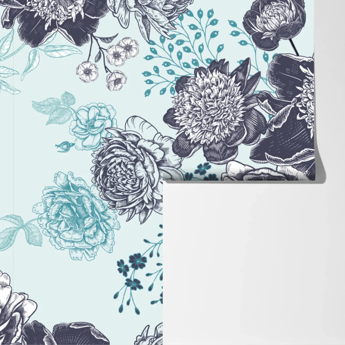 Fototapeta kwiatowy wzór peonii w odcieniach turkusu i granatu Fototapeta kwiatowy wzór peonii w odcieniach turkusu i granatu