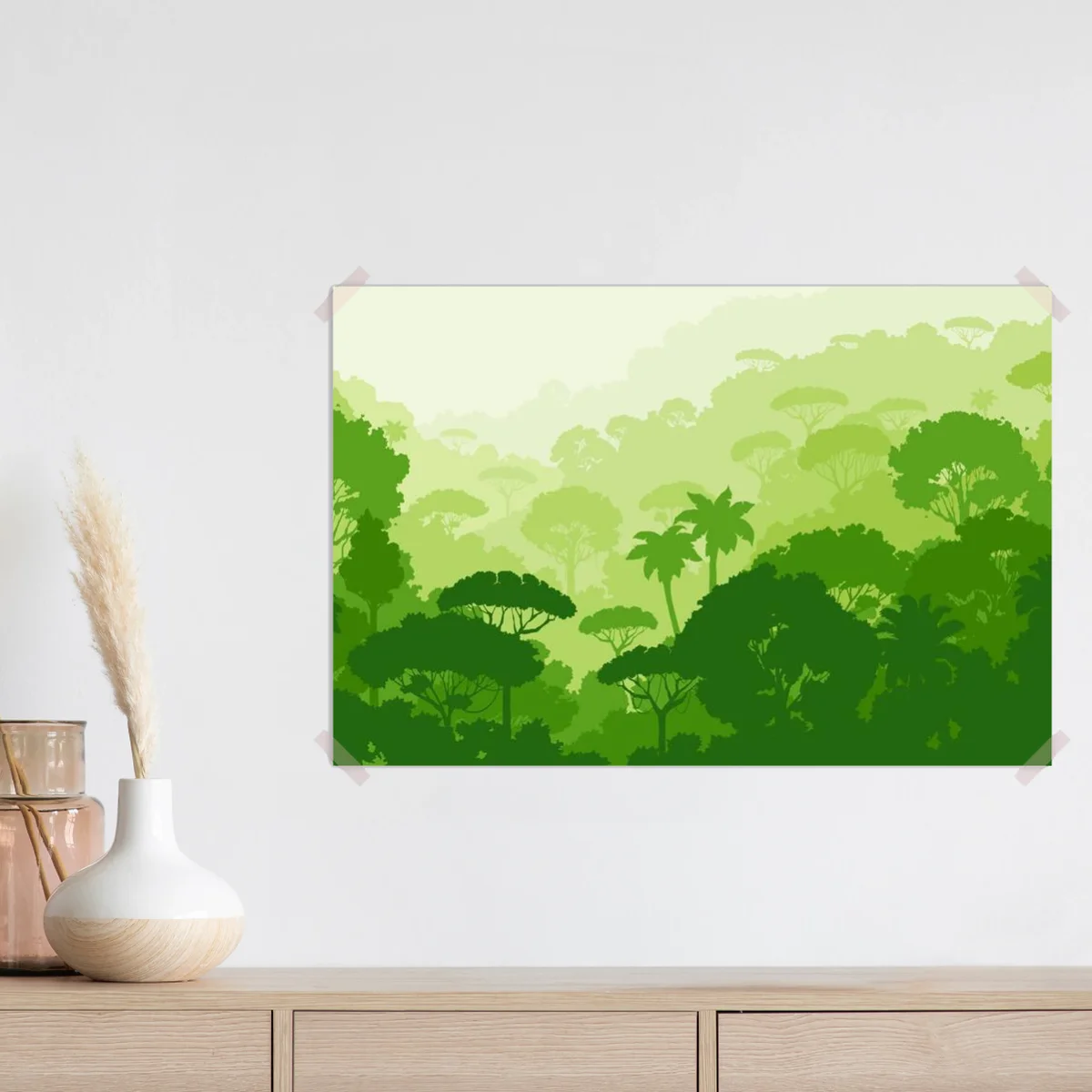 Poster Dschungel-Silhouette, tropische Vektorlandschaft mit exotischer Flora, Palmen und Hügeln. Regenwald Vegetation, Pflanzen 2d Cartoon wilden Wald natürliche Parkland. Tierwelt in grünen Farben • Poster bei Wallnifity® Poster Dschungel-Silhouette, tropische Vektorlandschaft mit exotischer Flora, Palmen und Hügeln. Regenwald Vegetation, Pflanzen 2d Cartoon wilden Wald natürliche Parkland. Tierwelt in grünen Farben • Poster bei Wallnifity®