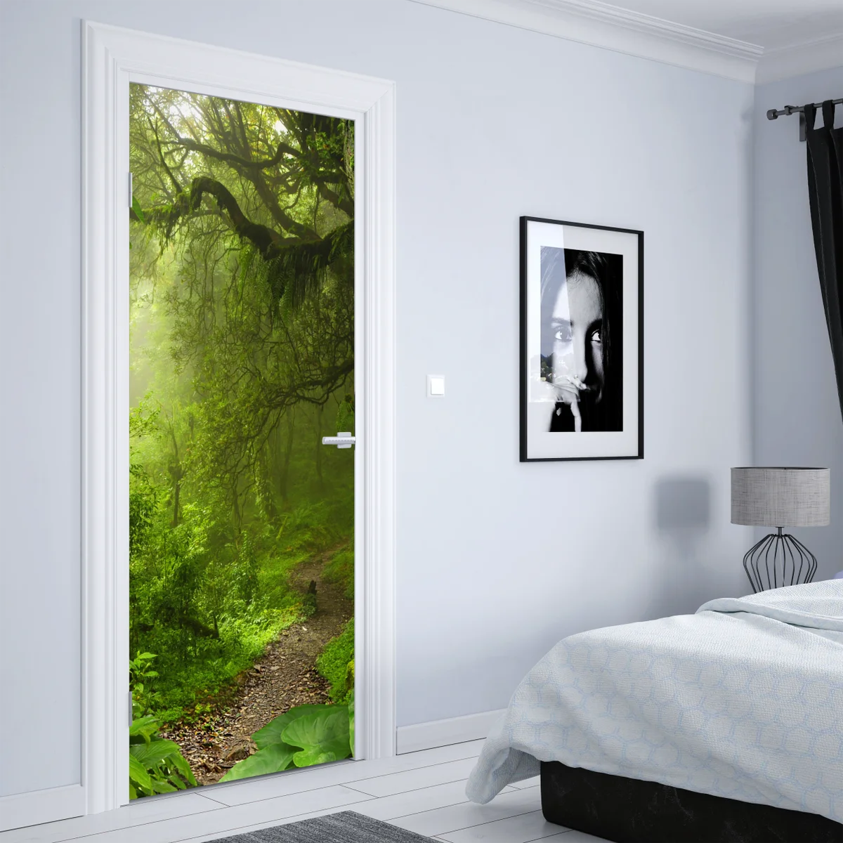 Türaufkleber üppiger nebliger waldpfad Türaufkleber üppiger nebliger waldpfad