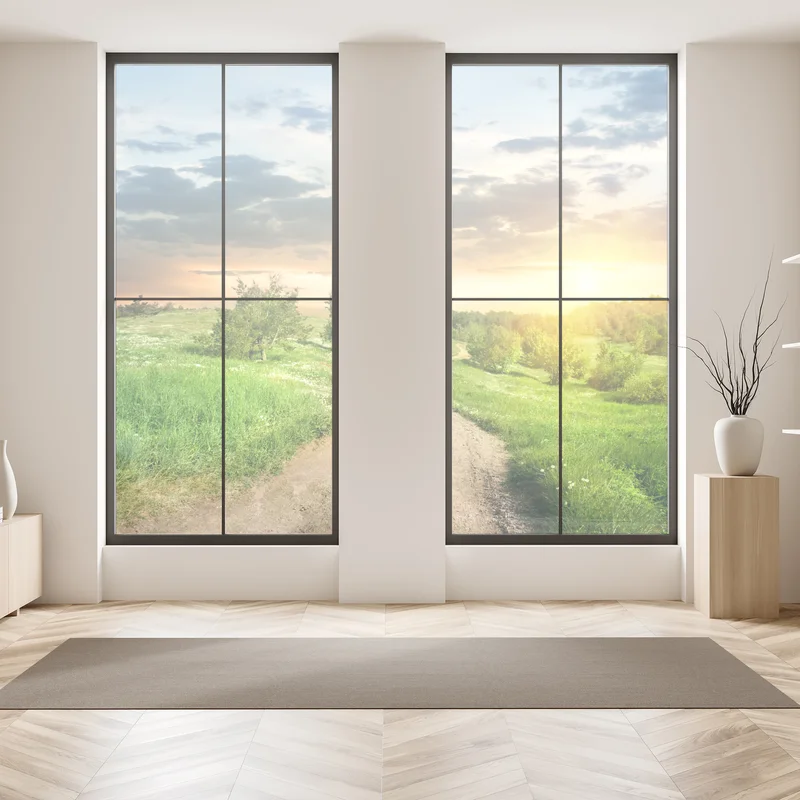 Fensteraufkleber sonnenuntergang über einem feldweg durch grüne wiese