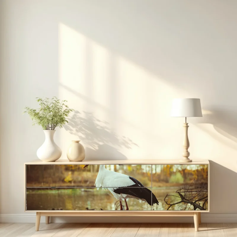 Repositionierbarer Aufkleber weißer storch am herbstlichen see