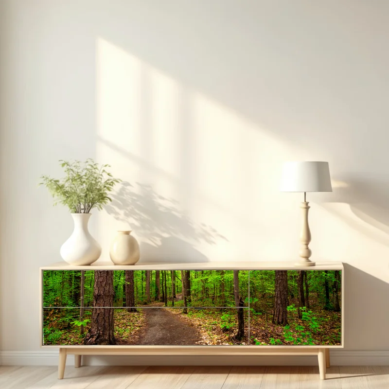 Repositionierbarer Aufkleber ruhiger grüner waldpfad