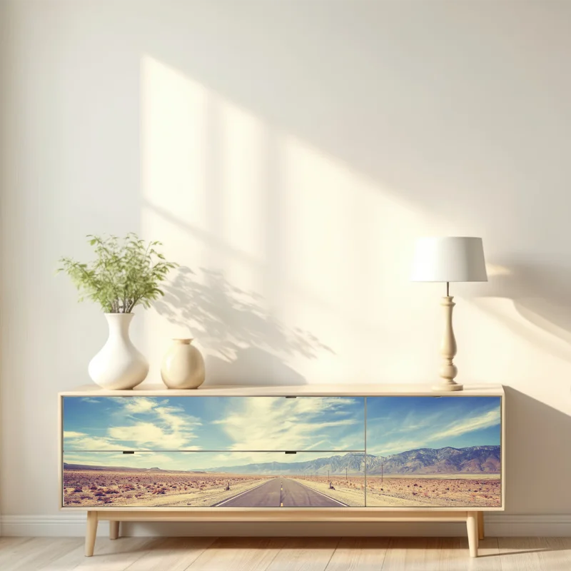 Repositionierbarer Aufkleber vintage landstraße unter weitem himmel Repositionierbarer Aufkleber vintage landstraße unter weitem himmel