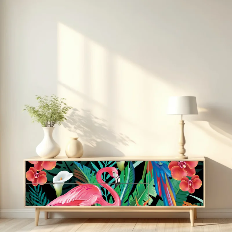 Repositionierbarer Aufkleber leuchtende tropische vögel und blumen