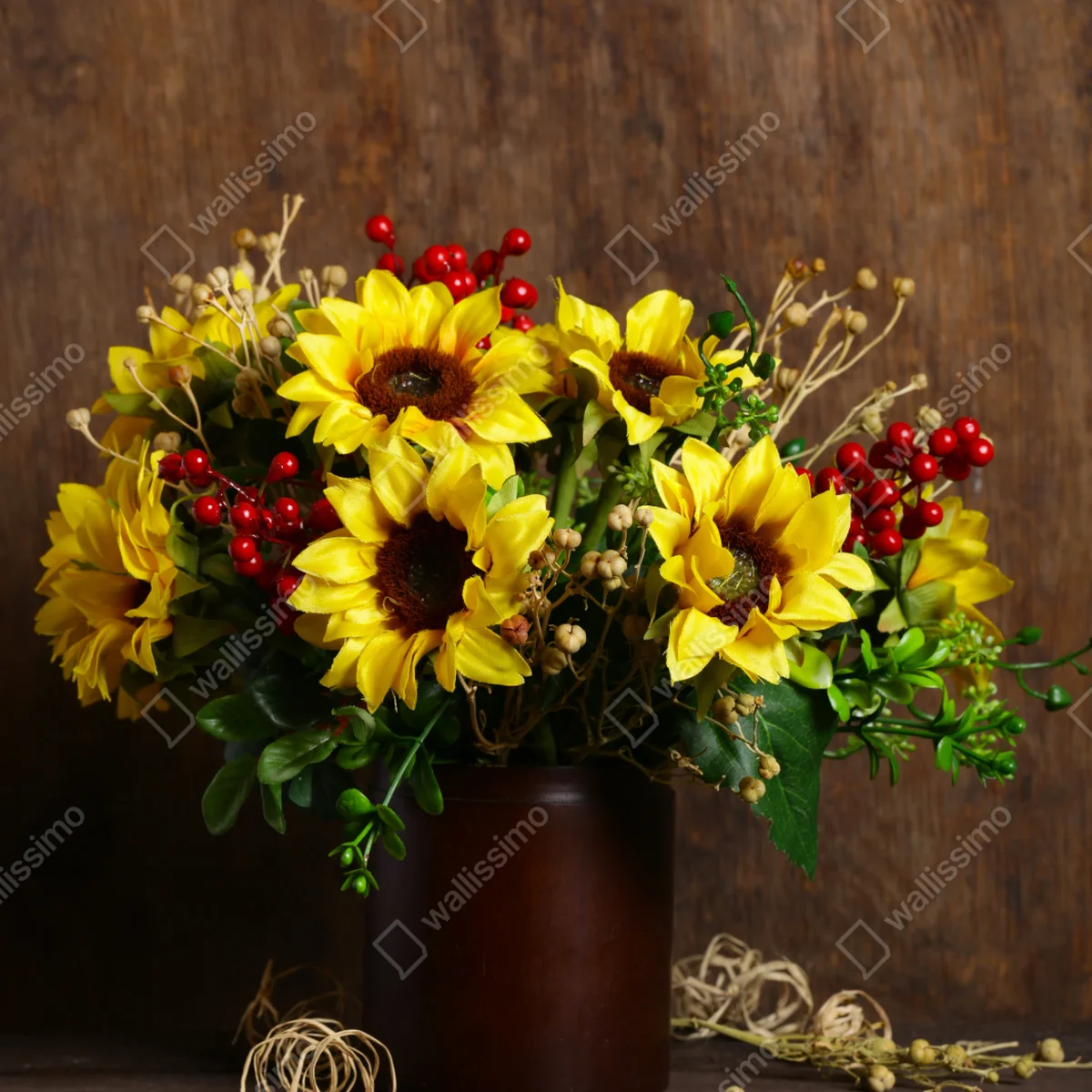 Leinwandbild herbstlicher sonnenblumenstrauß vor holzhintergrund Leinwandbild herbstlicher sonnenblumenstrauß vor holzhintergrund