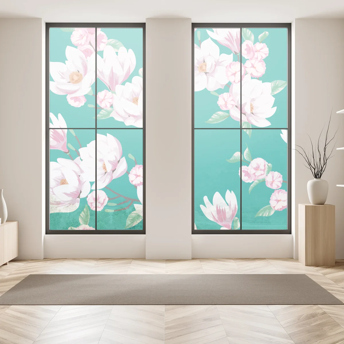 Fensteraufkleber pastell magnolienmuster auf türkisfarbenem hintergrund Fensteraufkleber pastell magnolienmuster auf türkisfarbenem hintergrund