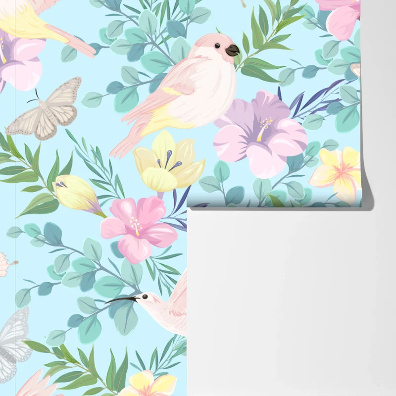 Fototapete pastell tropisches vögel- und blumenmuster Fototapete pastell tropisches vögel- und blumenmuster