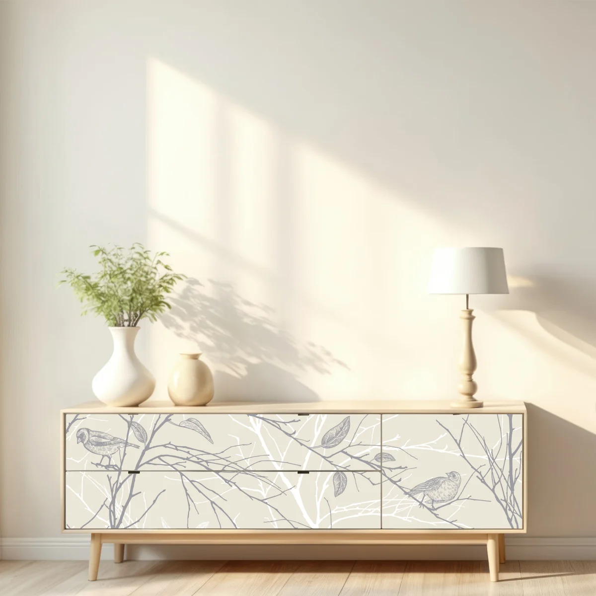 Repositionierbarer Aufkleber zartes beiges muster mit vögeln und ästen Repositionierbarer Aufkleber zartes beiges muster mit vögeln und ästen