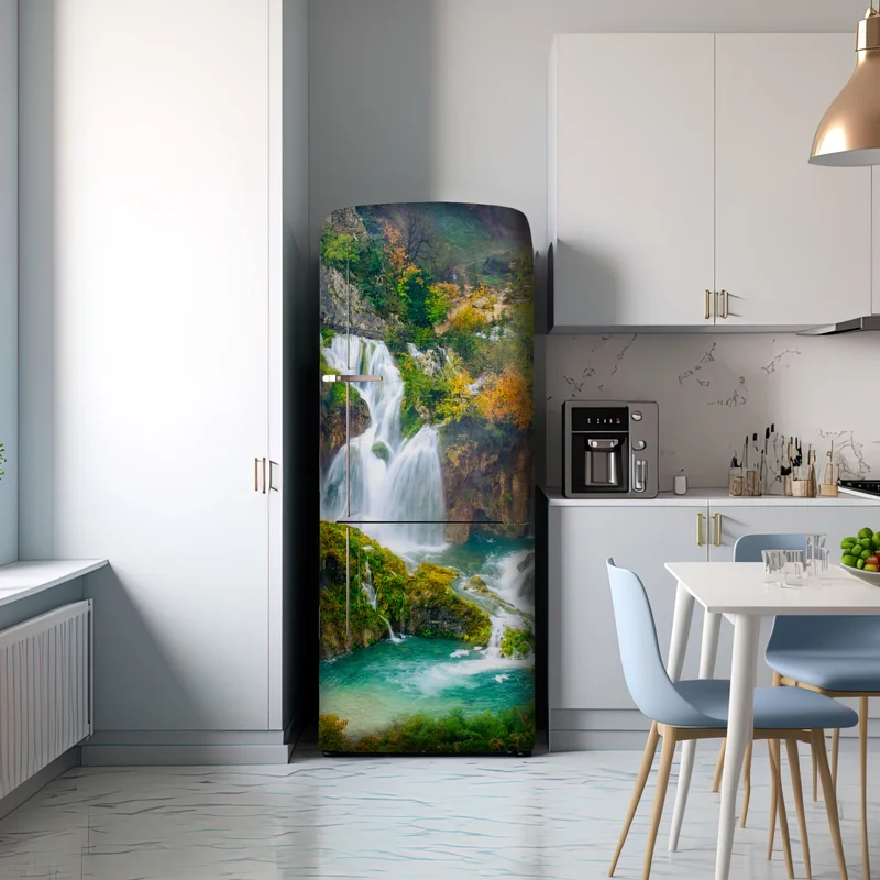 Kühlschrankaufkleber türkisfarbener wasserfall im herbst Kühlschrankaufkleber türkisfarbener wasserfall im herbst